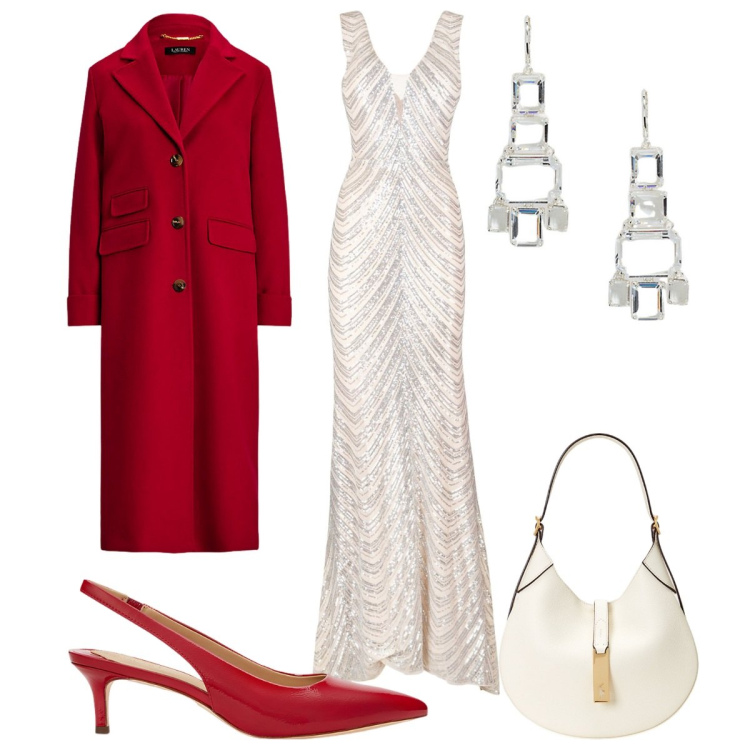 Outfit donna - Eleganza avvolgente: Capodanno glamour. Stile Glamour per Serata fuori. Abbinamento con vestiti lunghi, borse a spalla, décolleté, cappotti, orecchini.
