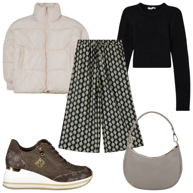 Outfit donna - Look power casual- in grigio. Stile Casual per Tutti i giorni. Abbinamento con pantaloni a palazzo, blazer, maglieria, borse a spalla, sneakers.