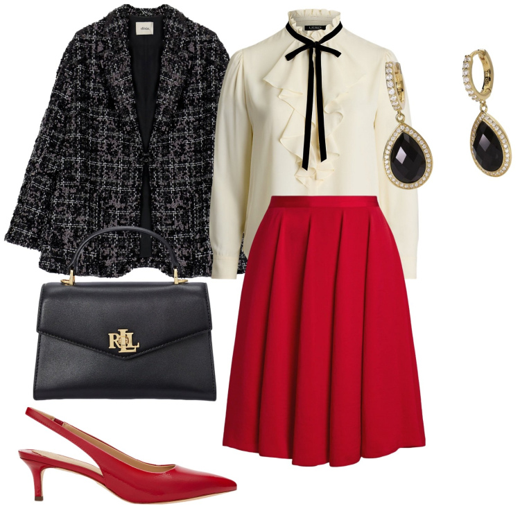 Outfit donna - Dall\'ufficio alla cena. per Serata fuori. Abbinamento con orecchini, blazer, borse a mano, camicie, décolleté, gonne.