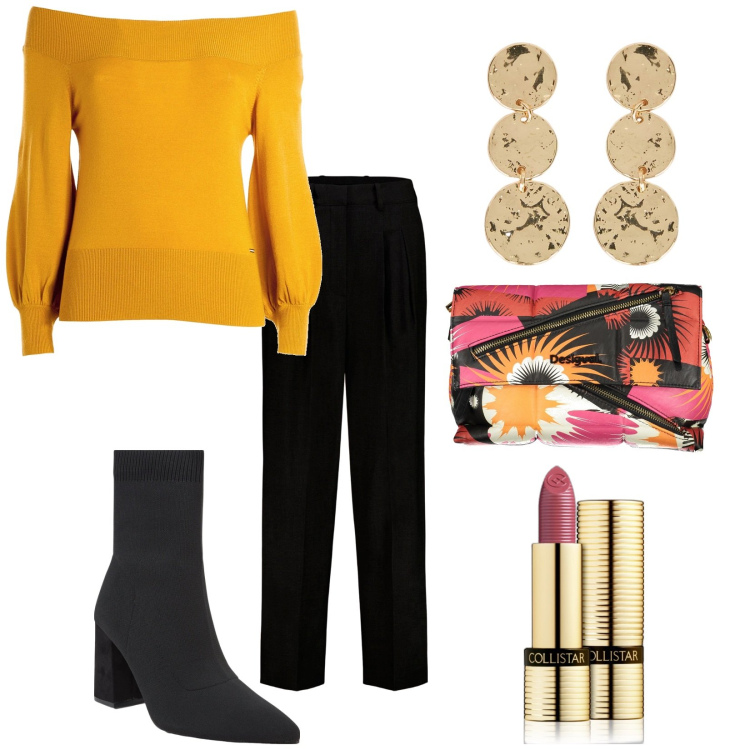 Outfit donna - Cosy Christmas. Stile Trendy per Serata fuori. Abbinamento con rossetti, stivaletti, maglieria, pantaloni, orecchini, borse a spalla.