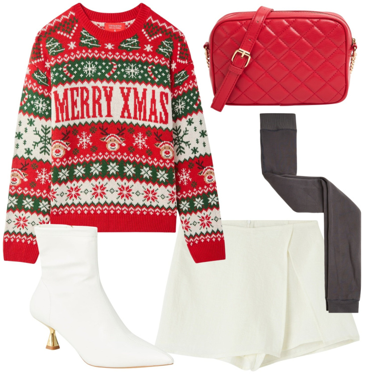 Outfit donna - Maglione natalizio. Stile Casual chic per Tutti i giorni. Abbinamento con minigonne, leggings, stivaletti, borse a tracolla, maglieria.