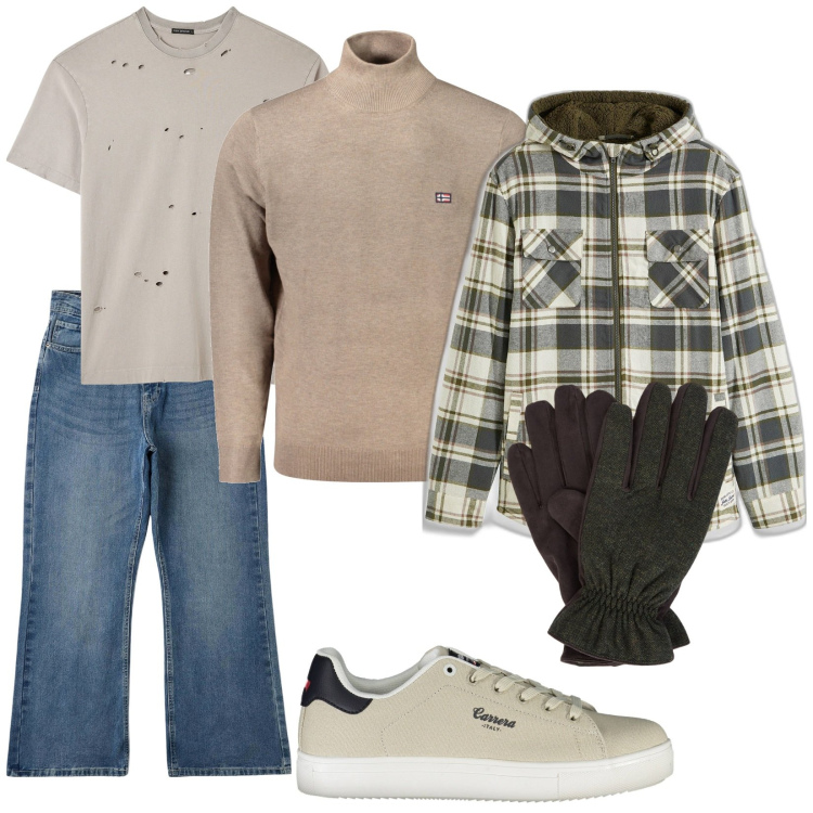 Outfit uomo - Total look #2013498. Stile Trendy per Tutti i giorni. Abbinamento con cappotti, t-shirt, jeans bootcut, guanti, sneakers, maglieria.