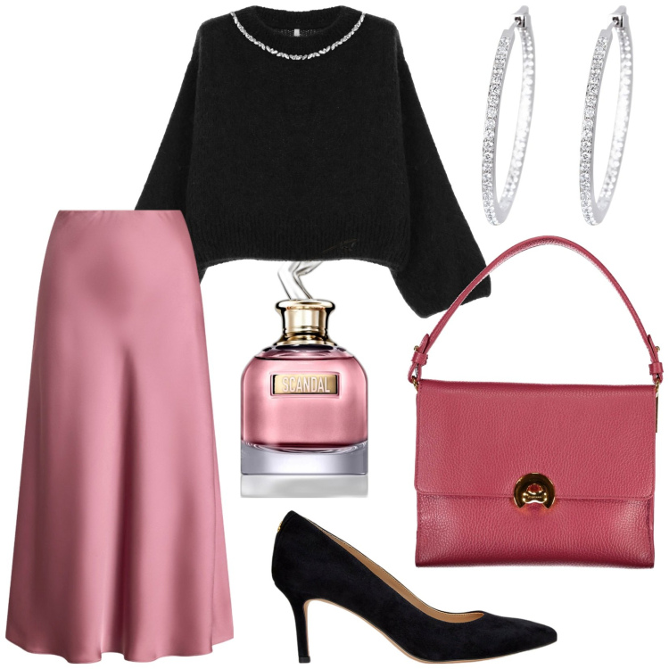 Outfit donna - Natale cosy. Stile Chic per Serata fuori. Abbinamento con profumi, orecchini, maglieria, décolleté, gonne, borse a spalla.