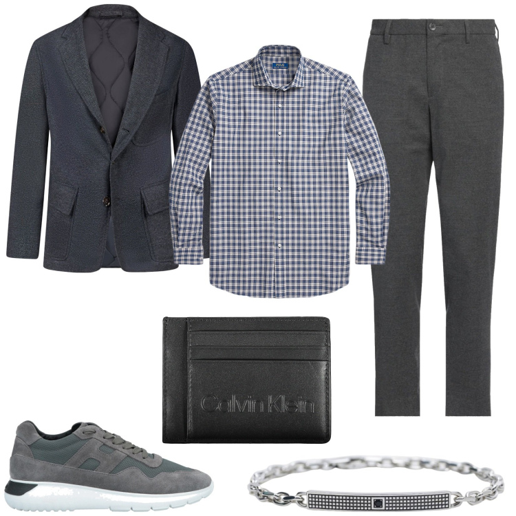Outfit uomo - Sartoriale contemporaneo. Stile Trendy per Ufficio. Abbinamento con pantaloni chino, sneakers, braccialetti, camicie, giacche, portafogli.
