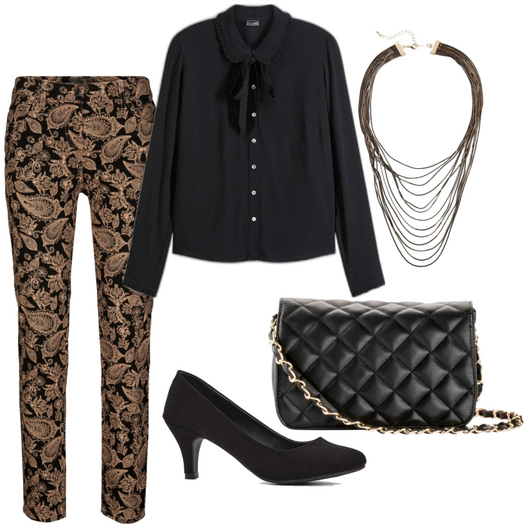 Outfit donna - Party glam. Stile Glamour per Serata fuori. Abbinamento con pantaloni, borse a tracolla, décolleté, camicie, collane.