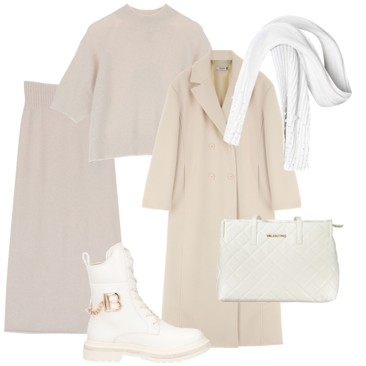 Outfit donna - Mix di bianco ottico, panna, avorio. Stile Casual chic per Tutti i giorni. Abbinamento con anfibi, cappotti, sciarpe, gonne longuette, maglieria, borse a spalla.