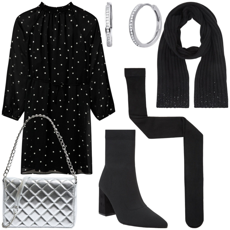 Outfit donna - Bagliori argentei. Stile Glamour per Serata fuori. Abbinamento con vestiti, collant, stivaletti, sciarpe, borse a tracolla, orecchini.