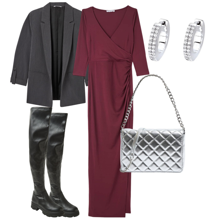 Outfit donna - Bordeaux per le Feste. Stile Trendy per Serata fuori. Abbinamento con orecchini, blazer, vestiti lunghi, stivali, borse a tracolla.