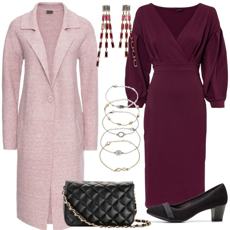 Outfit donna - Total look #2013671. Stile Chic per Serata fuori. Abbinamento con cappotti, borse a tracolla, braccialetti con ciondoli, décolleté, orecchini, vestiti.
