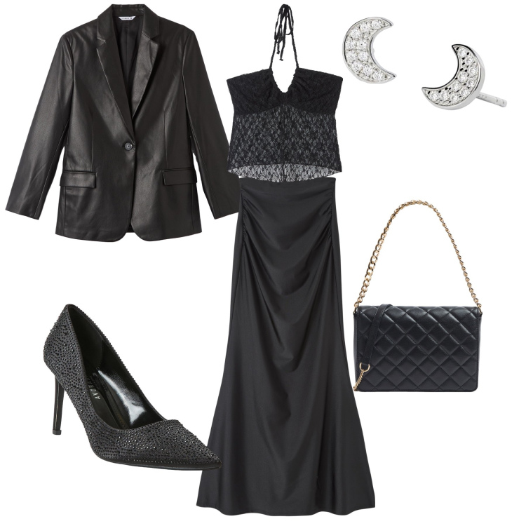 Outfit donna - Terranova total black. Stile Sexy per Serata fuori. Abbinamento con gonne lunghe, top, blazer, décolleté, borse a tracolla, orecchini.
