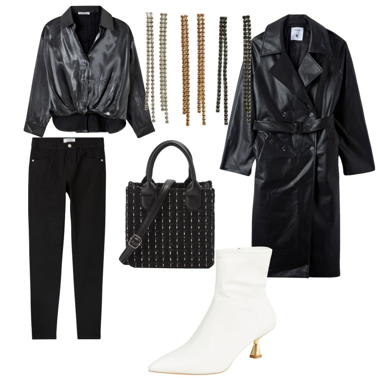 Outfit donna - Natale rock. per Serata fuori. Abbinamento con pantaloni skinny, camicie, trench, stivaletti, orecchini, shopping bag.
