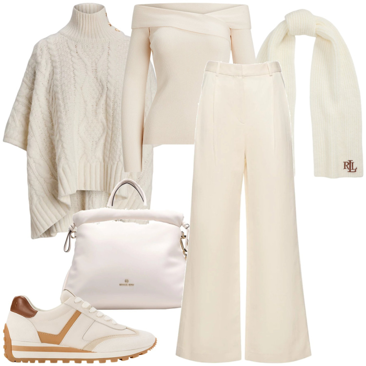 Outfit donna - Bianco invernale a dicembre. Stile Urban per Tutti i giorni. Abbinamento con borse a mano, sneakers, cappotti, maglieria, sciarpe, pantaloni.