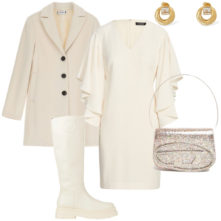 Outfit donna - Total white. Stile Romantica per Tutti i giorni. Abbinamento con stivali, cappotti, vestiti, orecchini, borse a spalla.