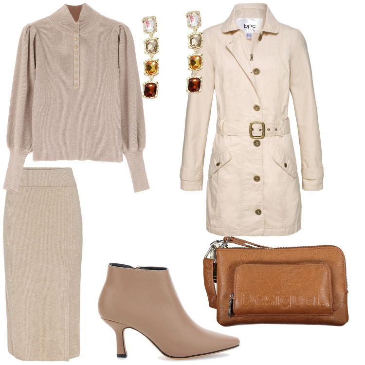 Outfit donna - Colori chiari. per Tutti i giorni. Abbinamento con gonne, trench, maglieria, orecchini, stivaletti, borse a tracolla.