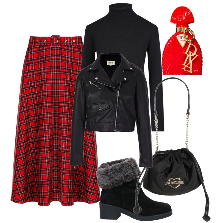 Outfit donna - La gonna tartan. Stile Rock per Serata fuori. Abbinamento con stivaletti, borse a secchiello, profumi, gonne longuette, blazer, maglieria.