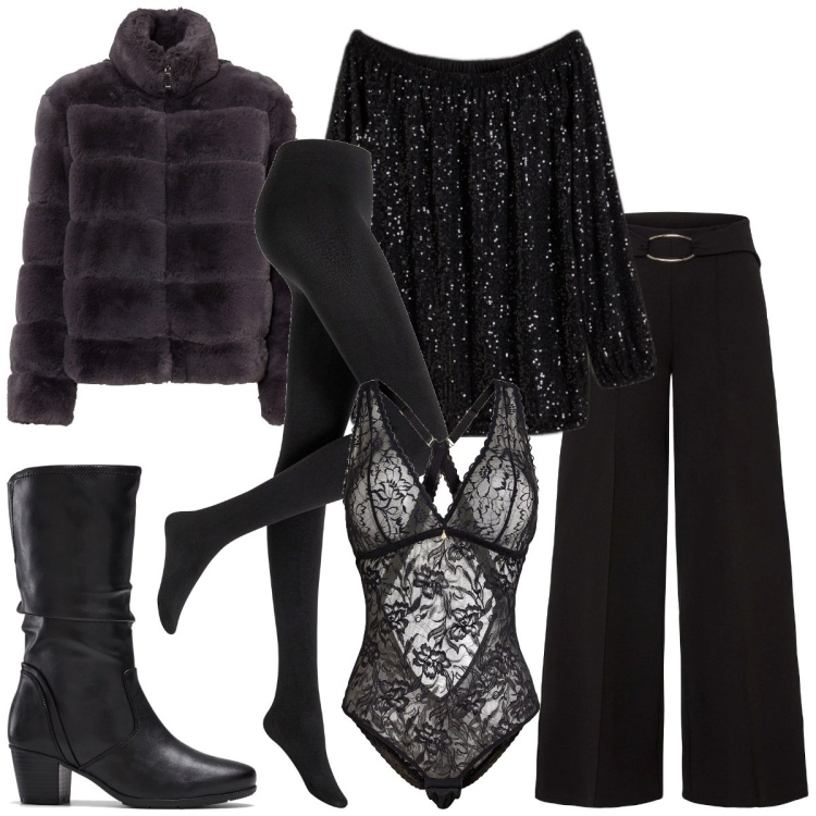 Outfit donna - Total look #2013707. Stile Chic per Serata fuori. Abbinamento con maglieria, pantaloni a palazzo, stivali, collant, ecopellicce, body.