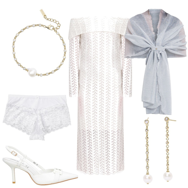 Outfit donna - Sposa di dicembre. Stile Chic per Cerimonia. Abbinamento con culotte, décolleté, orecchini, braccialetti, stole, vestiti midi/longuette.