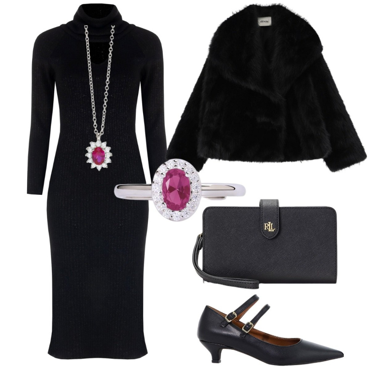 Outfit donna - Eleganza avvolgente - Focus curvy. Stile Chic per Serata fuori. Abbinamento con décolleté, ecopellicce, collane, anelli, vestiti midi/longuette, pochette.