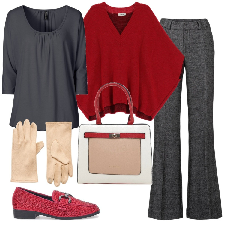 Outfit donna - Rosso Xmas. Stile Casual chic per Serata fuori. Abbinamento con pantaloni a palazzo, maglieria, guanti, cappotti, mocassini, borse a spalla.