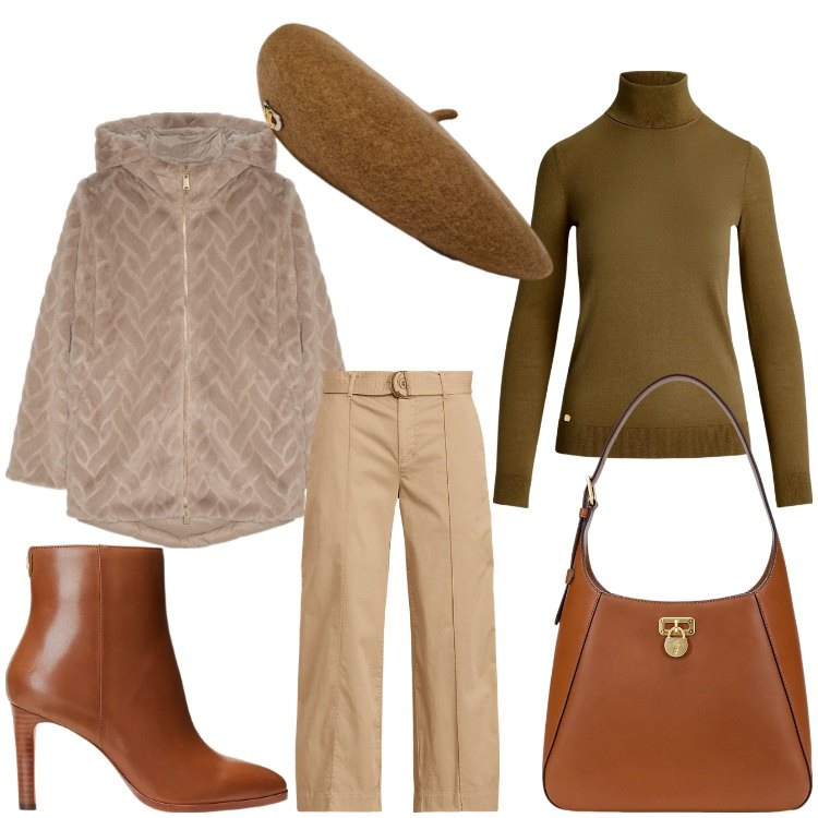 Outfit donna - Marrone chic. Stile Casual chic per Serata fuori. Abbinamento con borse a spalla, pantaloni, maglieria, stivaletti, berretti, blazer.