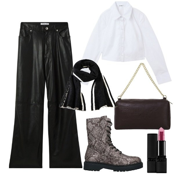 Outfit donna - Pantaloni in pelle e stivaletti. Stile Trendy per Serata fuori. Abbinamento con sciarpe, anfibi, rossetti, pantaloni, camicie, borse a tracolla.