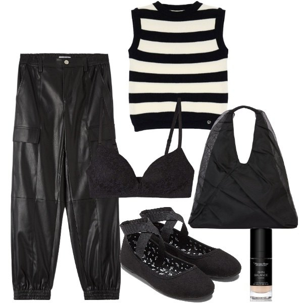 Outfit donna - Pantaloni in pelle e ballerine. Stile Urban per Tutti i giorni. Abbinamento con ballerine, fondotinta, pantaloni cargo, reggiseni, maglieria, shopping bag.