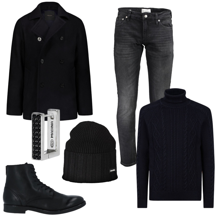 Outfit uomo - Total look #2013748. Stile Trendy per Serata speciale. Abbinamento con orecchini, giacche, maglieria, stivali e stivaletti, berretti, jeans slim fit.