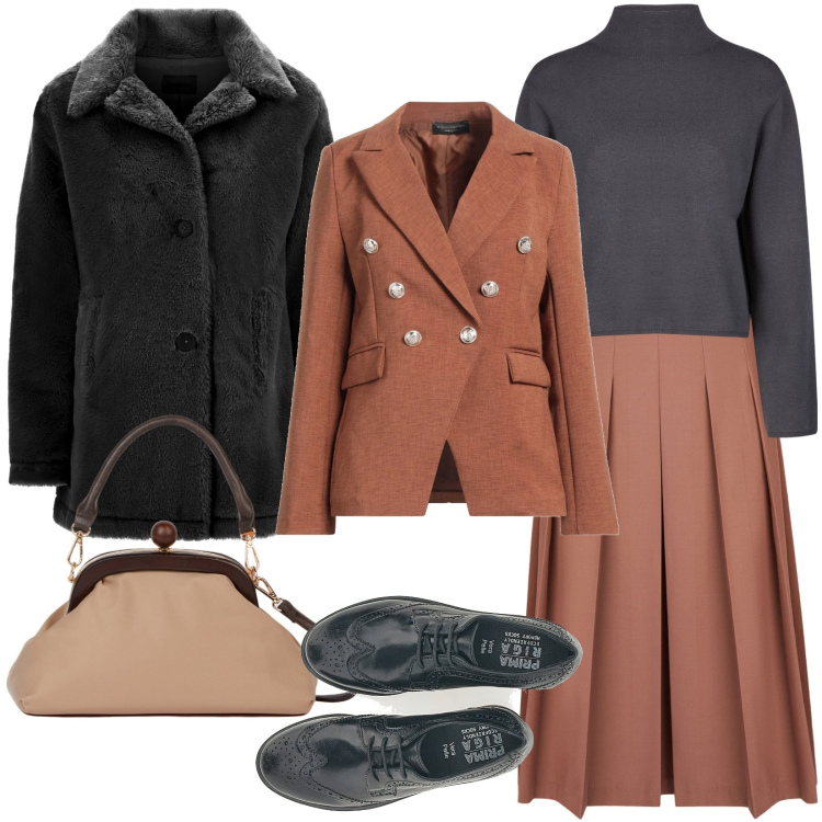 Outfit donna - Outfit sobrio. Stile Chic per Serata fuori. Abbinamento con blazer, cappotti, scarpe stringate, gonne longuette, clutch, cardigans.