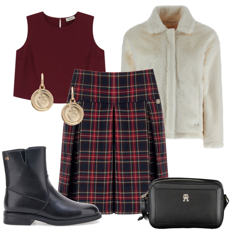 Outfit donna - Red. Stile Glamour per Serata fuori. look ideale per Petite. Abbinamento con minigonne, cappotti, top, orecchini, stivaletti, borse a tracolla.