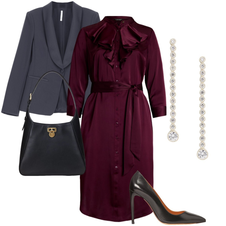 Outfit donna - L’abito in charmeuse con volant. Stile Chic per Cerimonia. Abbinamento con blazer, borse a spalla, vestiti, décolleté, orecchini.