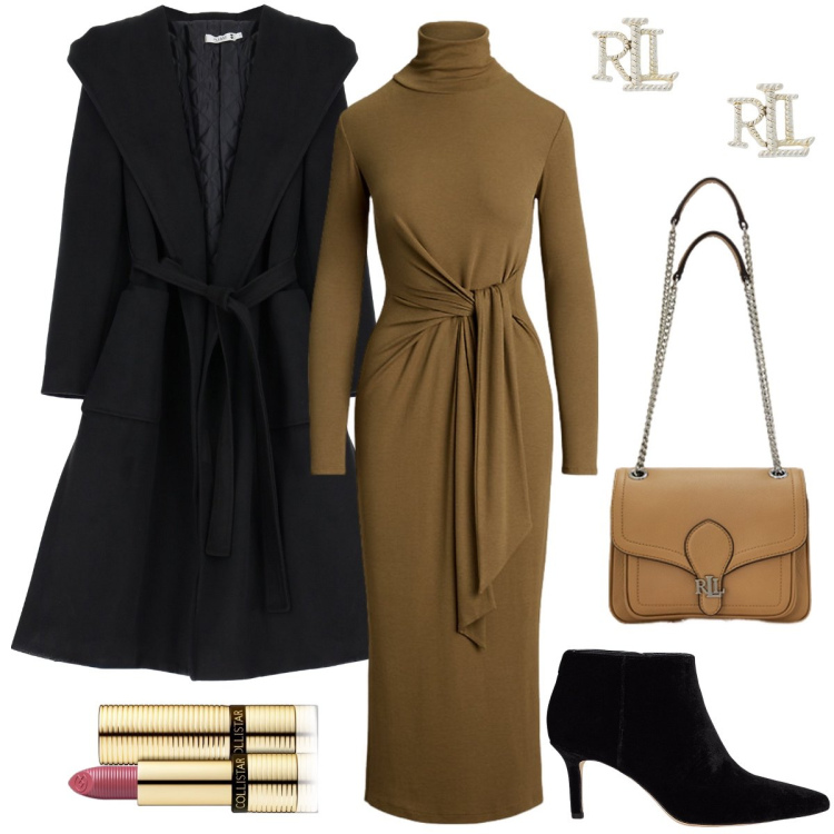 Outfit donna - L’abito che sta bene a tutte. Stile Chic per Serata fuori. Abbinamento con rossetti, cappotti, orecchini, borse a spalla, vestiti, stivaletti.