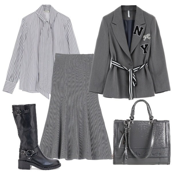 Outfit donna - Total grey. Stile Urban per Ufficio. Abbinamento con borse a mano, blazer, gonne lunghe, camicie, stivali.