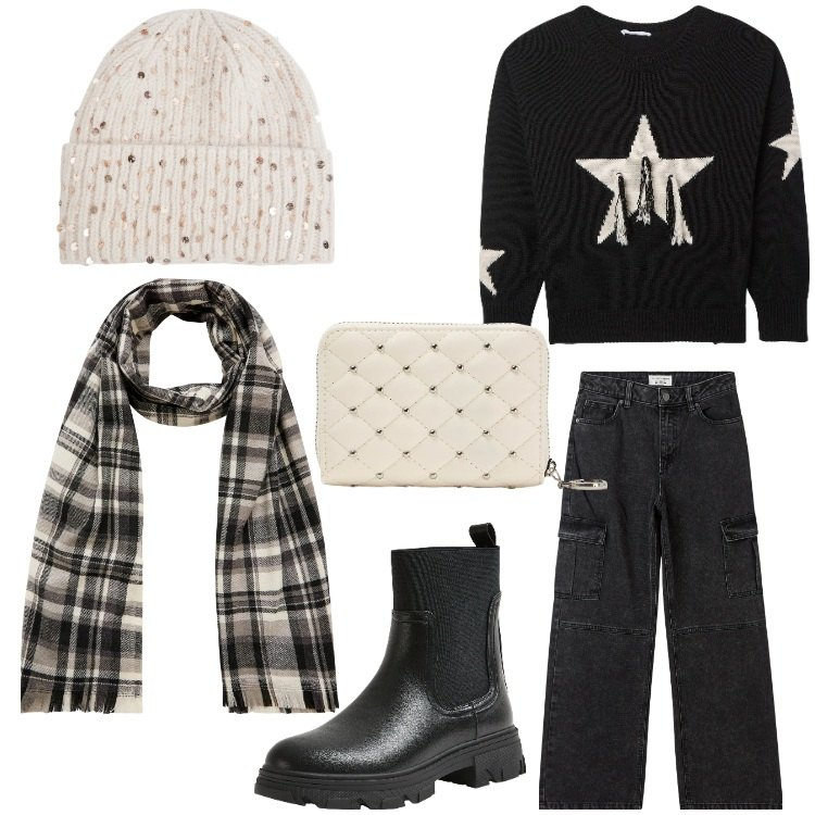 Outfit donna - Terranova - Xmas Edition 2024. Stile Trendy per Tutti i giorni. Abbinamento con jeans dritti, berretti, maglieria, portafogli, stivaletti chelsea, sciarpe.
