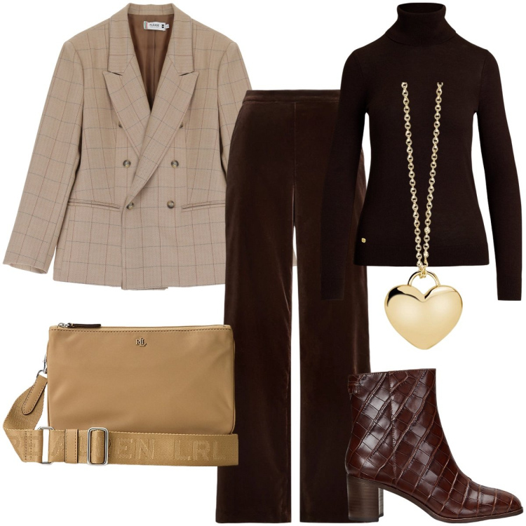 Outfit donna - Uno stile rilassato. Stile Trendy per Ufficio. Abbinamento con blazer, collane, borse a tracolla, maglieria, stivaletti, pantaloni.