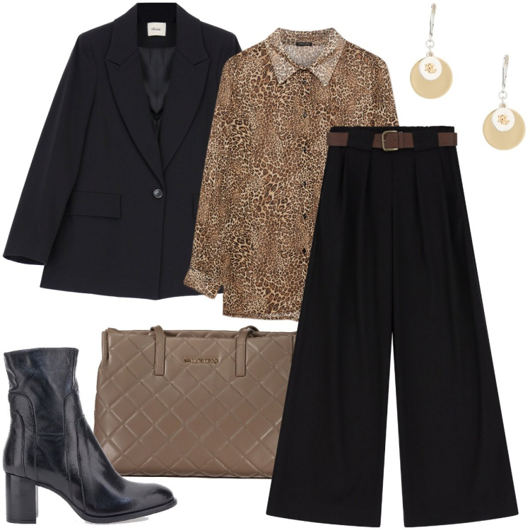 Outfit donna - Il tailleur nero. Stile Sexy per Ufficio. Abbinamento con pantaloni a palazzo, blazer, orecchini, stivaletti, camicie, borse a spalla.