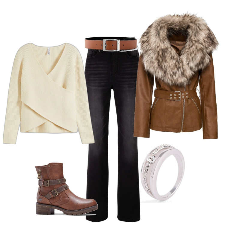 Outfit donna - Total look #2013808. Stile Glamour per Tutti i giorni. Abbinamento con jeans bootcut, cinture, anelli, blazer, maglieria, stivaletti.