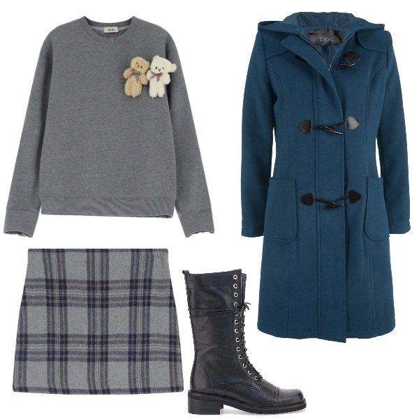 Outfit donna - Montgomery passion. Stile Casual per Tutti i giorni. Abbinamento con montgomery, minigonne, felpe, anfibi.
