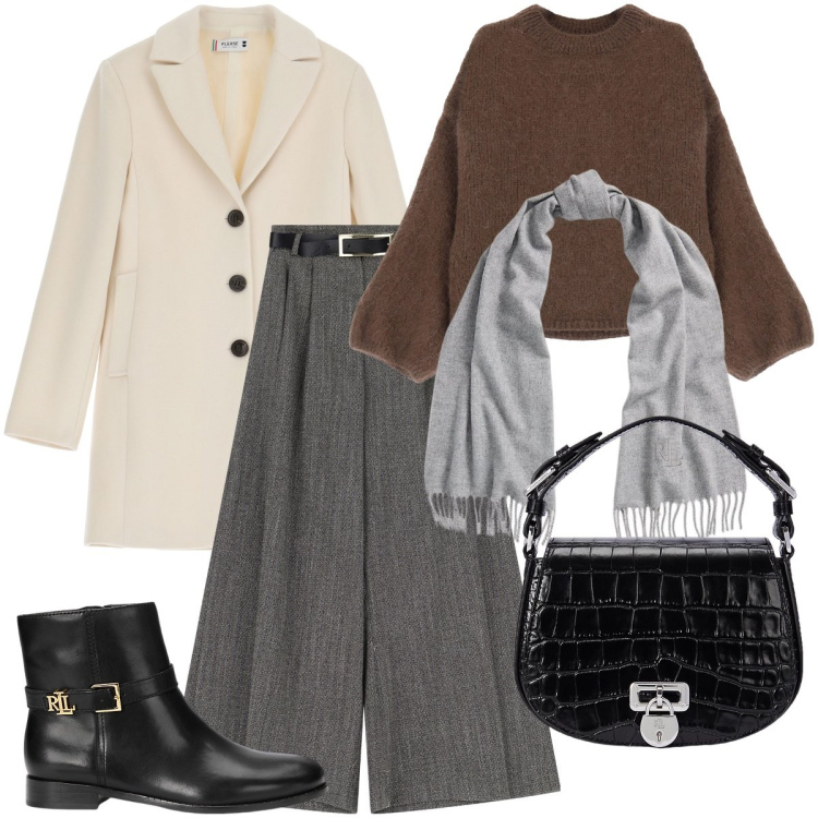 Outfit donna - Look morbido ed avvolgente. Stile Urban per Ufficio. Abbinamento con cappotti, pantaloni, pullovers, sciarpe, borse a tracolla, stivaletti.
