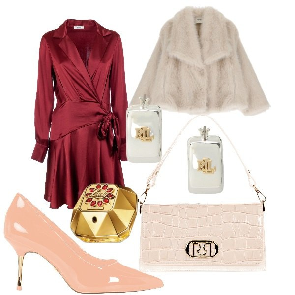 Outfit donna - Natale stiloso. Stile Glamour per Tutti i giorni. Abbinamento con profumi, décolleté, borse a tracolla, vestiti, orecchini, ecopellicce.