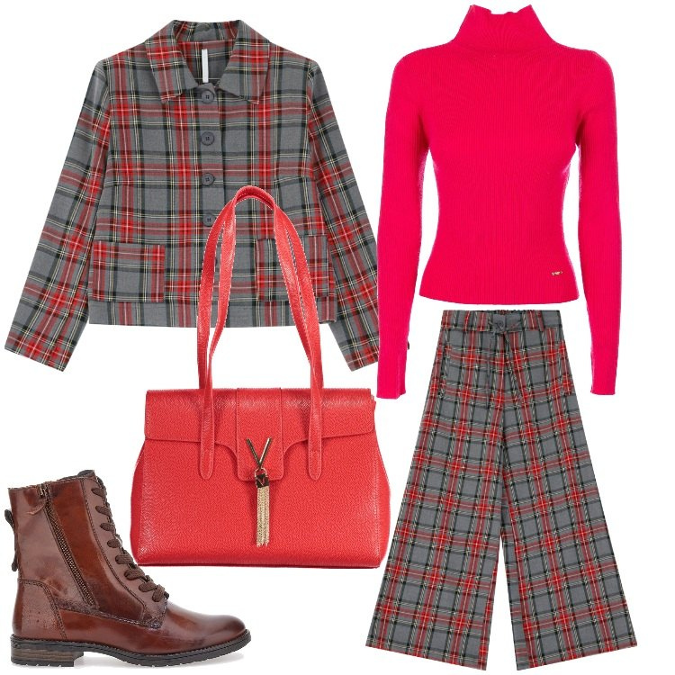 Outfit donna - Rosso e tartan. Stile Casual chic per Ufficio. Abbinamento con maglieria, pantaloni, blazer, anfibi, borse a spalla.