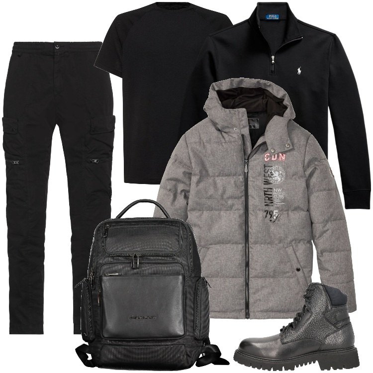 Outfit uomo - Total look #2013827. Stile Casual per Tutti i giorni. Abbinamento con giacche, anfibi, pantaloni cargo, pullovers, t-shirt, borse sportive.