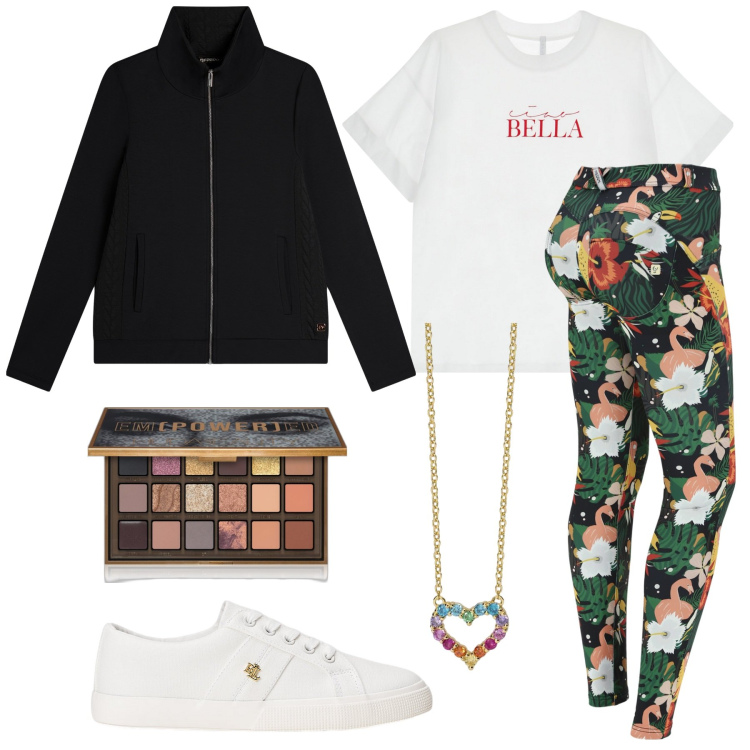 Outfit donna - Total look #2013833. Stile Casual per Tutti i giorni. Abbinamento con ombretti, collane, t-shirt, pantaloni skinny, felpe, scarpe sportive.