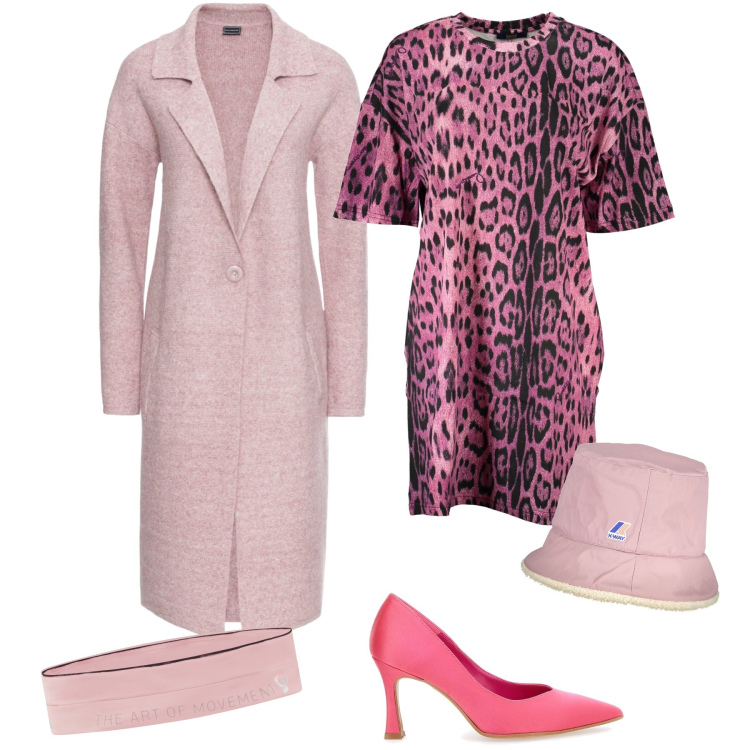 Outfit donna - Pink look. Stile Trendy per Ufficio. Abbinamento con cappotti, marsupi, décolleté, cappelli, vestiti corti.