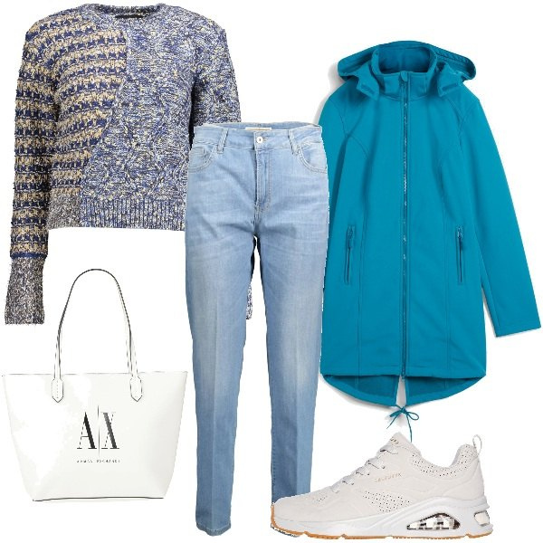 Outfit donna - Giornata al mercato. Stile Basic per Tutti i giorni. Abbinamento con parka, borse a spalla, sneakers, jeans, maglieria.