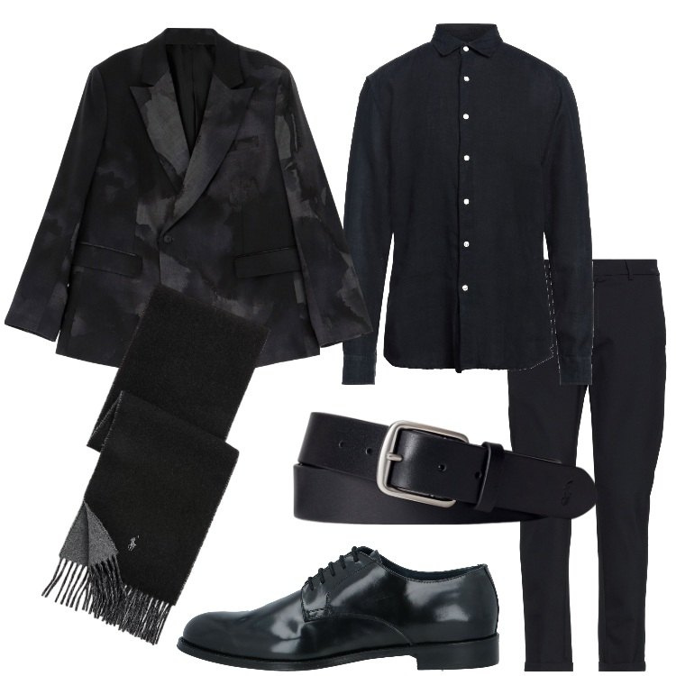 Outfit uomo - L\'eleganza del nero. Stile Business/Elegante per Serata speciale. Abbinamento con pantaloni, scarpe stringate, camicie, giacche, cinture, sciarpe.