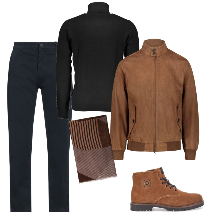 Outfit uomo - Eleganza del nero. Stile Trendy per Ufficio. Abbinamento con pantaloni chino, sciarpe, giacche, stivali e stivaletti, maglieria.