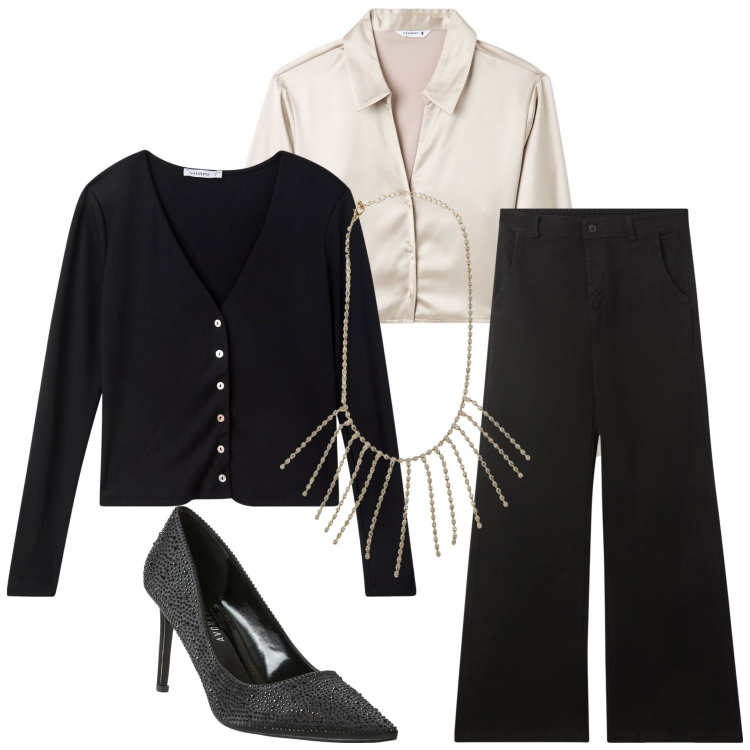 Outfit donna - Xmas edition. Stile Casual chic per Serata fuori. Abbinamento con décolleté, collane, pantaloni chino, camicie, cardigans.