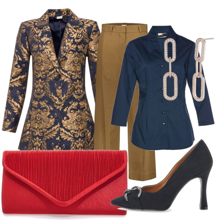 Outfit donna - Total look #2013847. Stile Casual chic per Serata fuori. Abbinamento con camicie, cappotti, orecchini, décolleté, pantaloni, pochette.