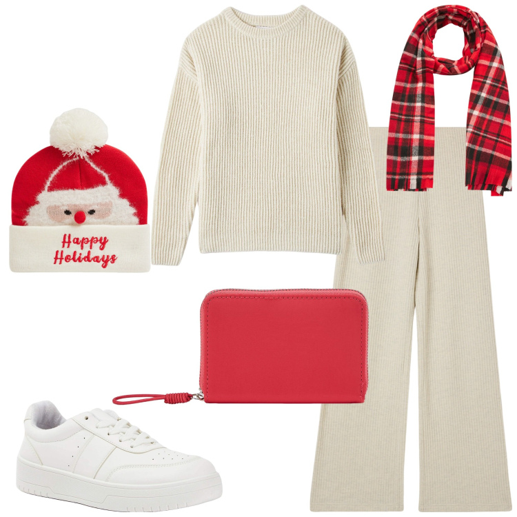 Outfit donna - Xmas edition. Stile Basic per Tutti i giorni. Abbinamento con berretti, pantaloni, sneakers, maglieria, portafogli, sciarpe.