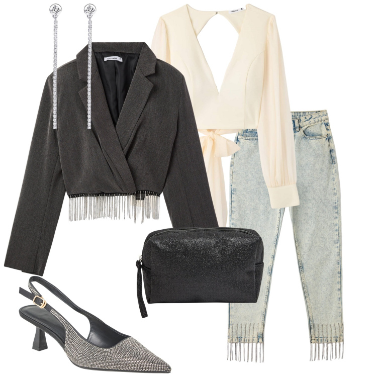Outfit donna - Xmas edition. Stile Chic per Serata fuori. Abbinamento con orecchini, blazer, valigie, jeans mom, décolleté, bluse.